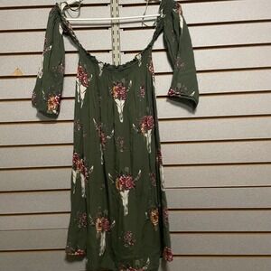 ANGE Off Shoulder Dress Skull Floral Print Olive Green Boho Rayon Women's Size M